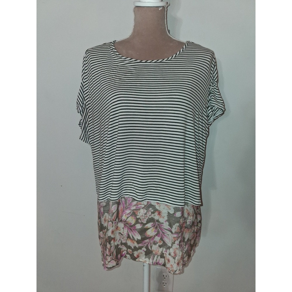 Wallpapher Womens XL Striped Floral Mixed Media Split Back Top Modest Lagenlook